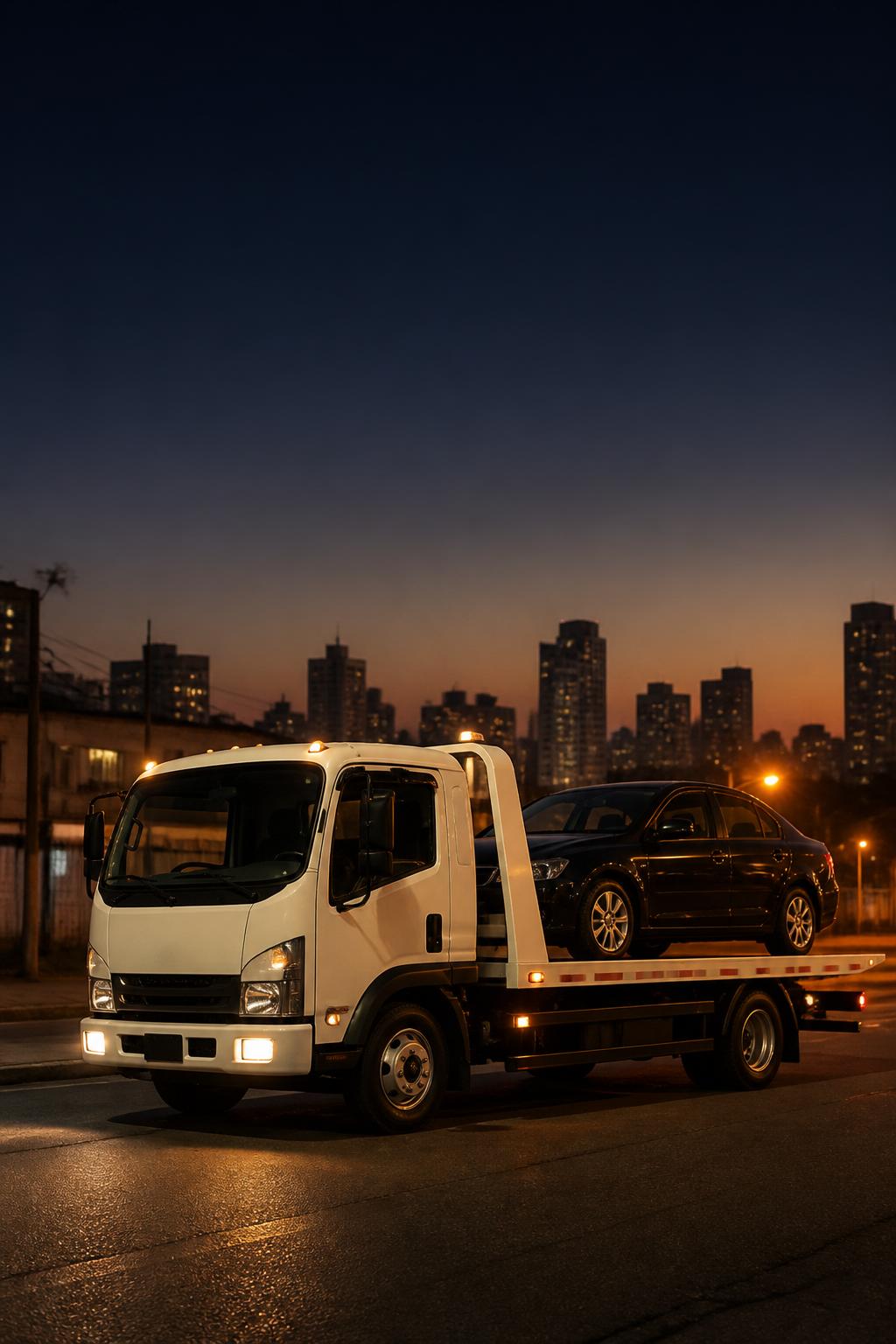 Guincho prancha branco transportando carro em São Paulo ao entardecer